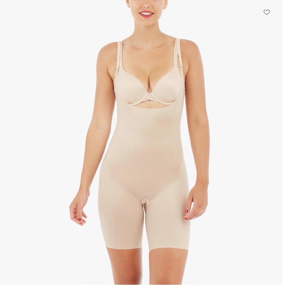 Spanx Thinstincts 2.0 Open Bust Mid-Thigh Bodysuit Champagne Beige Size L